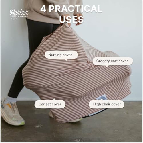 Image of Parker Baby 4 in 1 Car Seat Cover for Girls and Boys - Stretchy Carseat Canopy, Nursing Cover, Grocery Cart Cover, High Chair Cover - inchRosewood Stripe inch