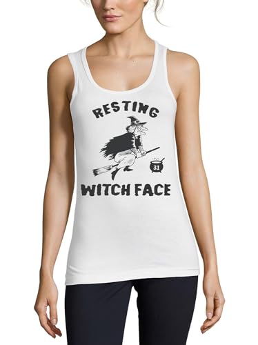 Camiseta sin mangas Resting Witch Face de algodón blanco para mujer de Halloween