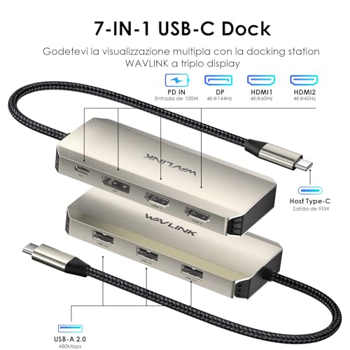 Docking Station, tripla docking station 4K con doppio HDMI, DP, 100W PD IN, 3 USB-A2.0 per dispositivi wireless, compatibile con Dell/HP/Lenovo ecc, solo computer con sistema operativo Windows - Hub USB - Immagine 1