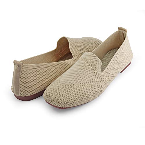 Image of RVROVIC Women Flat Shoes Knitted Lightweight Slip-on Loafers Breathable Soft Comfortable Ballet Flats(5,Pure-Beige)