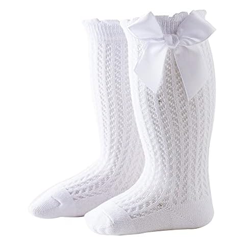 Carolilly Girls' Socks Breathable and Comfortable Cotton Long Socks with Bow for Holiday Party Photography Knee Socks Over (White, 1-2 Years) Cover