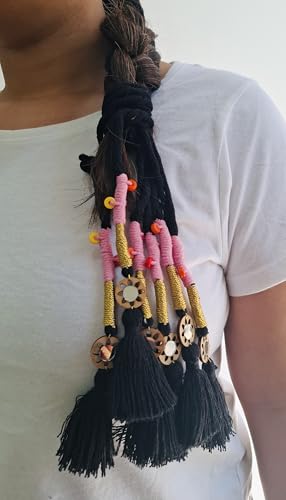 Image of Zippy Flora Handmade Boho Parandi / Paranda Traditional Hair Accessory for Women & Girls | Ethnic Braided Hair Tassels, Choti Hair Extension, Decorative Braid Jewelry for Festive & Wedding Hairstyles (Neelima Black)