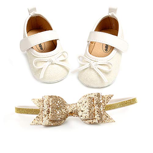BENHERO Baby Girls Mary Jane Flats with Bowknot Non-Slip Toddler First Walkers Princess Dress Shoes(0-6 Months Infant),S-White