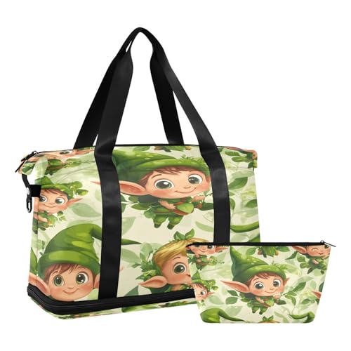 Cute Elves St. Patrick's Day Gym Bag for Women Sport Travel Duffel Bag Shoulder Weekender Overnight Bags with Wet Pocket & Shoe Compartment