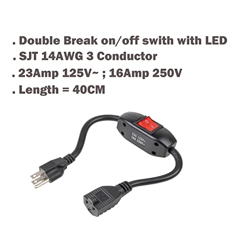 Inline On/Off Switch Extension Cord, 3-Prong 3 Outlet Household Switchable Power Cord, Heavy Duty 23A 125V,16A 250V Double Break Switch Extension Cord, 40Cm Cord,40Cm #TOP3