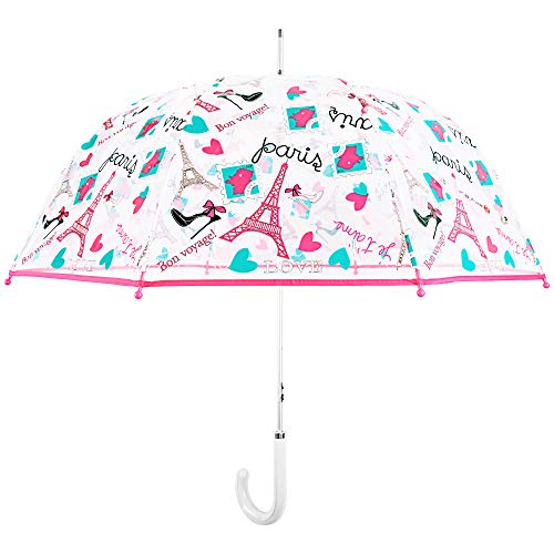 Kung Fu Smith Auto Open Eiffel Clear Bubble Umbrella for Girls, Cute Transparent Dome Umbrella, Ultra Light & Sturdy