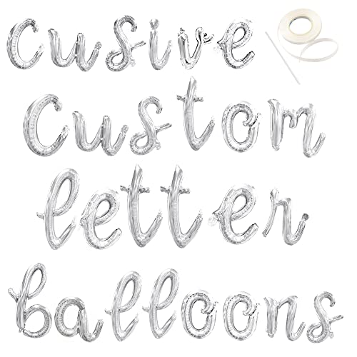 Silver Cursive Letter Balloons Custom Script Phrase Alphabet Letters Special Symbols Numbers Foil Mylar Balloon Banner