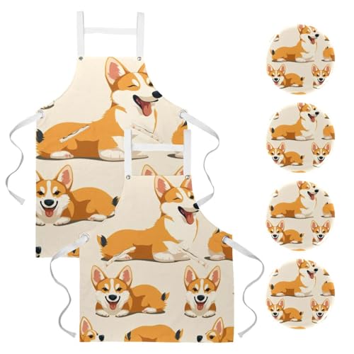 Tablier de cuisine Corgi multicolore lot de 2 pièces avec broches décoratives
