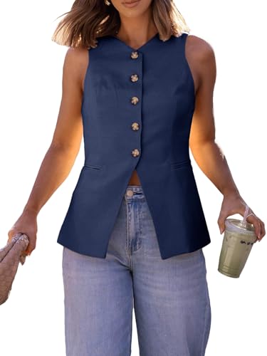 Mina Self 2025 Womens Summer Sleeveless Blazer Vest Lightweight Button Down V-Neck Casual Fashion Work Jacket Pockets2