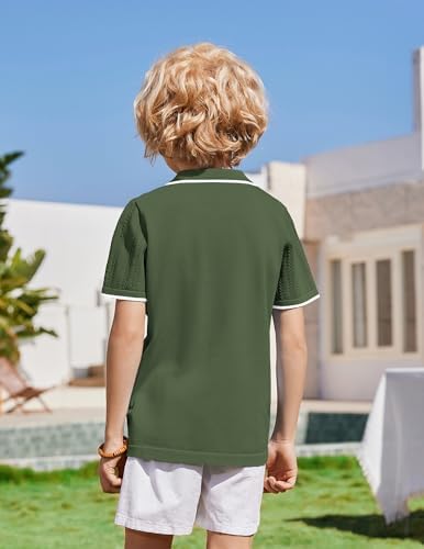 Arshiner Boys Button Down Shirt Short Sleeve Knit Shirt Summer Vintage Fashion Casual Beach Shirts for Kids 3-14 Years Army Green — view 2