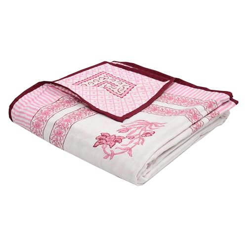 Image of BLOCKS OF INDIA Hand Block Printed Cotton Single Size Reversible Malmal Dohar for Summer (Maroon Leaf)| TC - 200