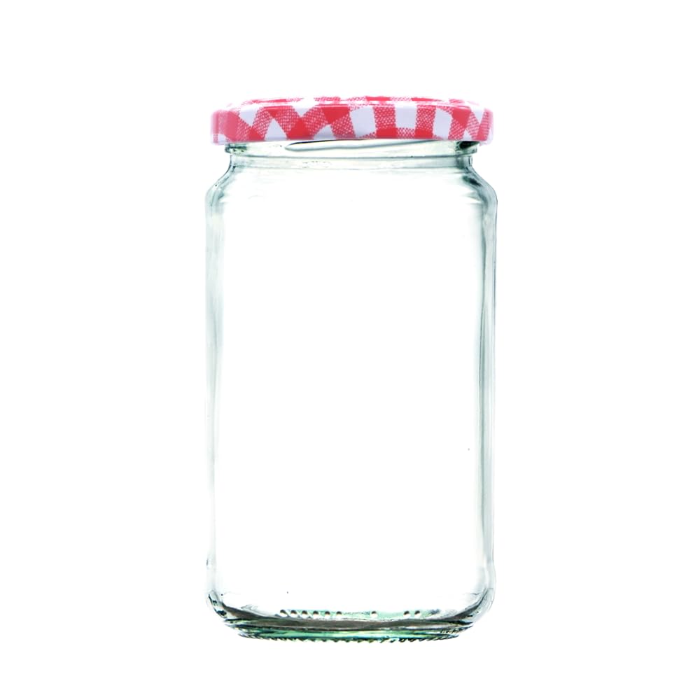 Wares of Knutsford 12 x 1lb (370ml) Glass Jam Jars with Red Gingham Twist Off Lids - Preserving Jars for Jam, Honey, Chutney & Marmalade
