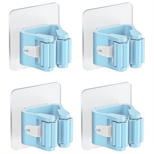 KIRZAX Porta Scope Parete 4 Pezzi, Appendi Scope a Muro Autoadesivo,ABS Portascope da Muro Regolabile Appendibile, Non c'è Bisogno di Punzonare,per Bagno, Cucina, Balcone e Garage(Azzurro)