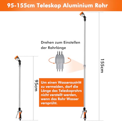 RESTMO Langer Teleskop Gießstab 92-152 cm, Lang Gartenbrause Metall mit 180° schwenkbaren Kopf, 7 Sprühmustern, Durchflusskontrolle, Bewässerung Zauberstab zum Blumenampeln und Sträucher, Orange
