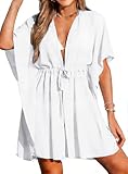 Vossmi Mujer Vestido de Playa Ropa Ocio Vestidos Cuello en V Manga Corta Bikini Cover Up Holgado Vestido Cordón Camisola Coverup Otoño Blanco Talla única