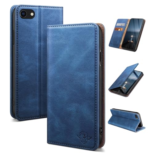 SUANDUCK for iPhone SE 2022/7/8/SE 2020 4.7 - Magnetic Leather Flip Wallet Case with RFID Blocking Credit Card Holder & Adjustable Stand Flip Folio Book Shockproof Cover for Apple 7 Light Blue