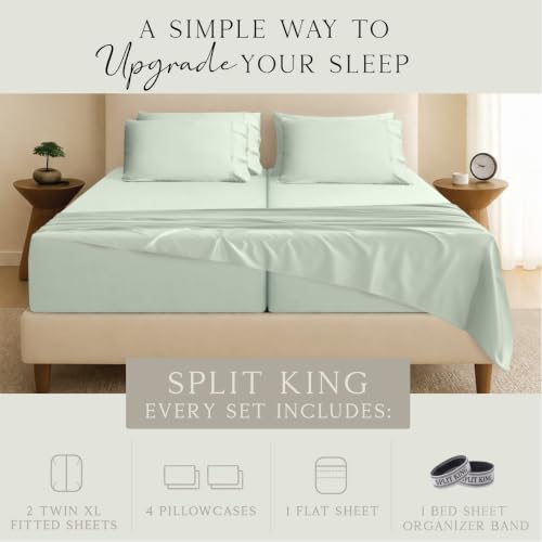 Image of KARISSA MAE 7 Piece Luxury Bamboo Viscose Split King Sheets, FSC Certified | Includes 2 Twin XL Fitted Sheets | Sleep Number & Adjustable Bed | Cooling | 18 inch Deep Pocket | 4 Pillowcases [Sea Glass]