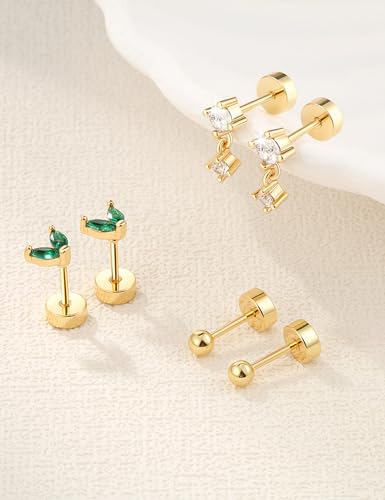 Gemtastic Gold Flat Back Stud Earrings Set Surgical Stainless Steel Dainty Cartilage Earring Pack for Women Men