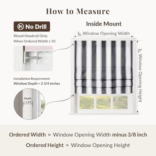Image of TWOPAGES No Drill Wide Stripe Roman Shades Cordless Roman Blinds for Windows, Custom Made Light Filtering Blackout Blinds Farmhouse Shades for Kitchen, Black Bordered Wide Bar, 1 Piece