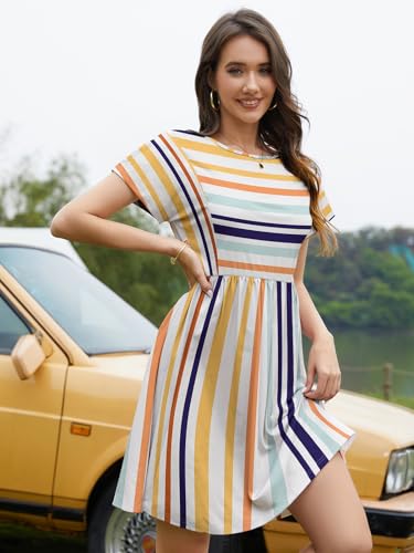 Image of Womens Summer Striped Short Sleeve T-Shirt Dresses Casual Crew Neck Mini Dress Flowy Beach Sundress