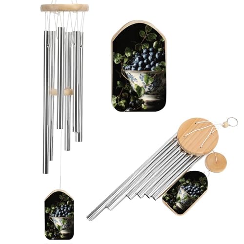 Carillon éolien funéraire avec 6 tubes en aluminium - Motif myrtilles dans un bol en porcelaine antique