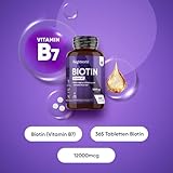 Biotin Tabletten - 12.000mcg je Portion - 365 vegane Tabletten - Biotin trägt zur Erhaltung normaler Haut und normaler Haare bei (Laut EFSA) - 1 Jahr Vorrat - Bekannt als Vitamin B7 - WeightWorld