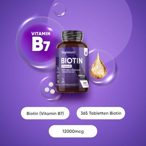 Biotin Tabletten - 12.000mcg je Portion - 365 vegane Tabletten - Biotin trägt zur Erhaltung normaler Haut und normaler Haare bei (Laut EFSA) - 1 Jahr Vorrat - Bekannt als Vitamin B7 - WeightWorld