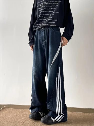 Men Striped Patchwork Dark Blue Baggy Jeans Pants Clothes Straight Hip Hop Cowboy Trousers2