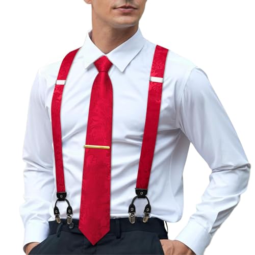 Image of Hi-Tie Men's Suspenders and Tie Set Silk Adjustable Elastic Y Braces with Strong 6 Clips Pocket Square Set