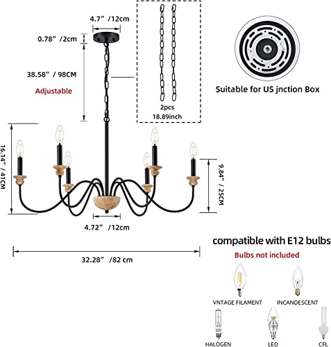 6-Light Wood Chandelier For Dining Room, Black Farmhouse Chandelier, Modern Light Fixtures Over Table, Rustic Candle Ceiling Chandelier For Living Room Bedroom Entryway Kitchen, 32.5" Diameter #TOP5