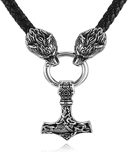 AllerPierce Thor Hammer Pendant Necklace Stainless Steel Wolf Head Norse Viking Amulet Mjolnir Necklace for Men Viking King Chain