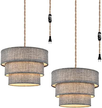 XININSUN 3-Tier Plug in Pendant Light, Hanging Light with 15Ft Hemp Rope Cord, Dimmable Switch, Gray Linen Shade, Hanging Light Fixture for Living Room, Bedroom, Dining Room, 2Pack（Gray）