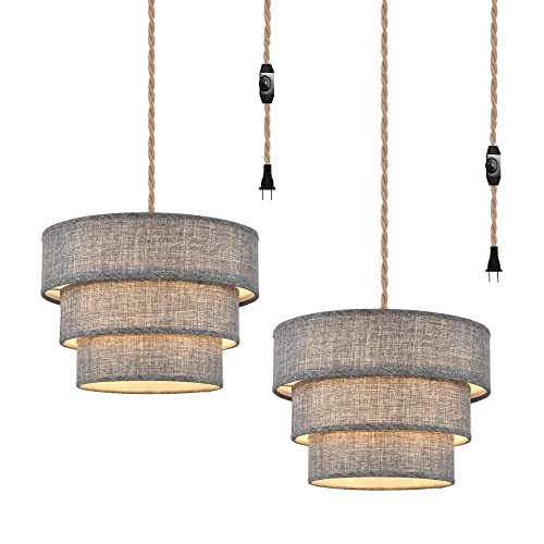 Xininsun 3-Tier Plug In Pendant Light, Hanging Light With 15Ft Hemp Rope Cord, Dimmable Switch, Gray Linen Shade, Hanging Light Fixture For Living Room, Bedroom, Dining Room, 2Pack（Gray） #TOP6