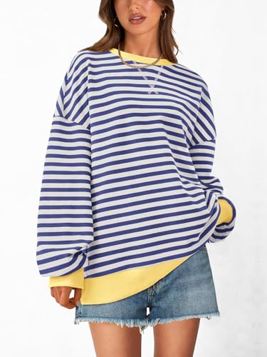 Image of PRETTYGARDEN Womens Striped Oversized Sweatshirt Color Block Crew Neck Long Sleeve Casual Loose Pullover Top Y2K Clothes