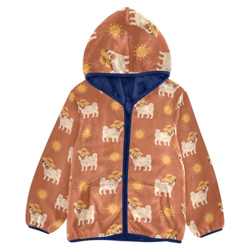 Pug Dog in Hat Summer Girls Fleece Jacket Girls Fall Jacket Girls Zip Up Hoodie Girls Sherpa Jacket 2-10T