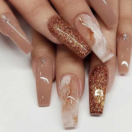 24pcs French False Long Coffin Gold Glitter Press On Nails With Adhesive Tabs, Reusable Artificial Acrylic Marble Fake Glue On Nails for Women & Girls