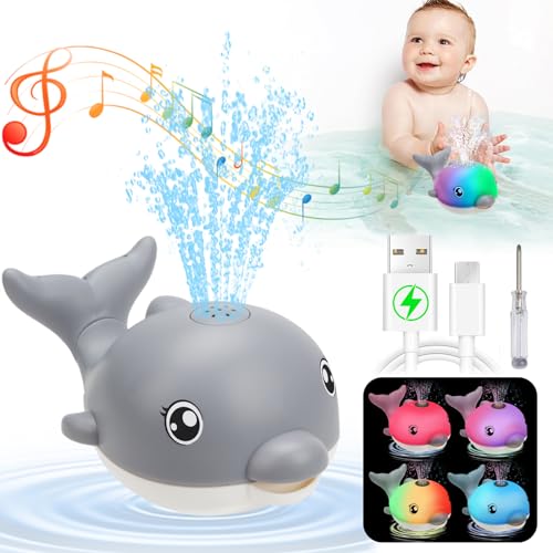 Image of Bath Toys, Light Up Dolphin Baby Bath Toys for Babies 6-12 12-18 Months, Rechargeable Sprinkler Musical Toys, Easter Basket Stuffers Bathtub Toys for Toddlers 1-3 2-4 Boys Girls Infant Kids- Grey