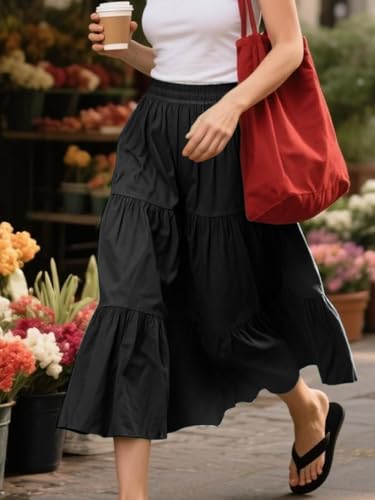 HUSKARY Women Summer Midi Skirt Casual Elastic High Waist Pleated A-Line Flowy Swing Tiered Beach Vacation Skirts3