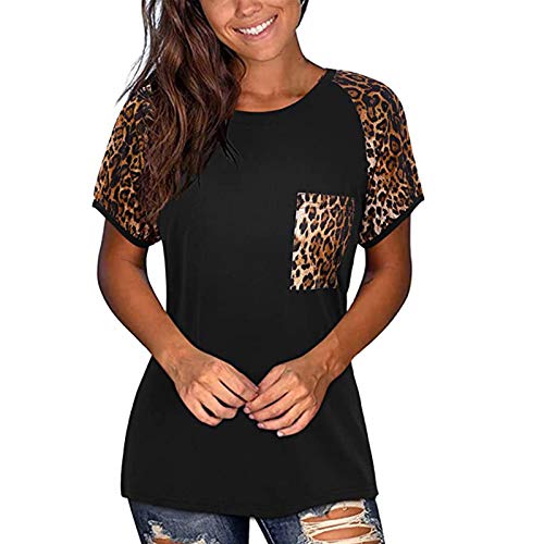 2021 Nuevo Camiseta Mujer Verano Moda Manga Corta Retro Leopardo Patchwork Impresión Blusa Camisa Bolsillo Cuello Redondo Basica Camiseta Suelto Tops Casual Fiesta T-Shirt Original tee
