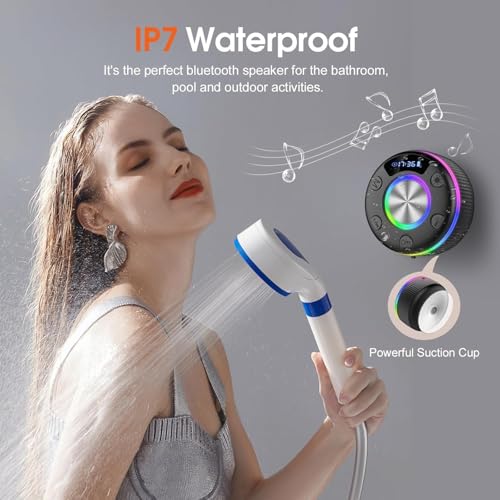 Enceinte Bluetooth Douche, Enceinte Bluetooth Portable 5.3 sans Fil avec Mic, Ventouse Puissante, Lumière LED, Surround à 360 degrés, Appel, Haut-Parleur Bluetooth pour Soirées Plage, Voyage, Douche – Image 5