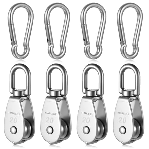 8 PcsPoleas de Carga Simples:4 Pcs M20 Poleas para Cuerda & 4 ganchos de resorte M6, Poleas para grúa giratorias 360 ​​grados de acero inox, Rodillos para cuerdas de paracaídas, carga 75 kg