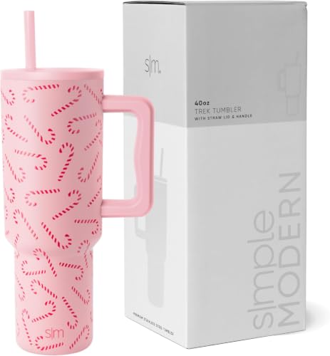Image of Simple Modern 40 oz Trek Tumbler with Handle and Straw Lid | Cup Holder Friendly Insulated Stainless Steel Travel Mug | Pink Candy Cane Toss (Pack of 12)