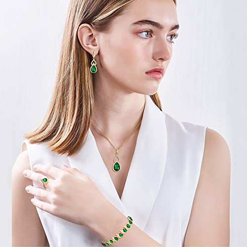 Elequeen Jewelry Set For Women, Gold Plated Green Teardrop Cubic Zirconia Necklace Open Ring Earrings Bracelet Sets, Wedding/Anniversary/Valentine's Day/Mother's Day Jewelry Gift For Brides/Wife/Girlfriend/Mom #TOP1