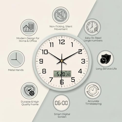 Image of STAR WORK Silent Non-Ticking Wall Clock 12 inch Inch Analog Clock & LCD Display | Calendar Date, Day, Temperature, Operated Decorative Clock for Living Room, Kitchen, Bedroom,Office (White Black Digital)