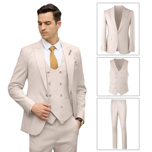 Image of Mens Suit Slim Fit 3 Piece Double Breasted Suit Men Formal Tuxedo Set Casual Wedding Prom Groom Suits