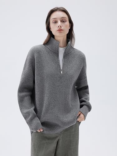 Image of SUUKSESS Women Cashmere Blend Oversized Quarter Zip Pullover Sweater Long Sleeve Collared Ribbed Knit Jumper Tops