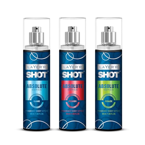 Image of LAYER'R SHOT Absolute Body Spray Combo for Men, 50ml Pack of 3 | Craze, Game & Power | Bold & Fresh Long-Lasting Fragrance | Skin-Friendly, No Stains, IFRA Certified