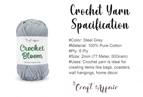 Image of Craft Affair | Crochet Bloom Cotton Yarn 8ply (2mm, 77Meter, 50Gram) 100% Pure Cotton | Knitting Yarn | for Embroidery, Craft & DIY Project: Steel Grey
