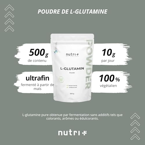 Nutri + L-Glutamine Poudre végétalienne - Neutre & hautement dosé Ultrapure sans additifs - Glutamine 500 g naturelle - fermentée fabriquée en Allemagne - sans Gluten & Lactose – vue 2