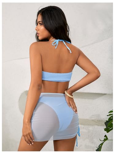 MakeMeChic Women's 3 Piece Bathing Suits Halter Ring Bikini Set with Cover Up Skirts3